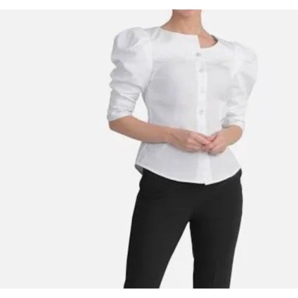 Seragyi Size 12 White Martina Blouse 3/4 Puffed Ruffle Sleeves NWT